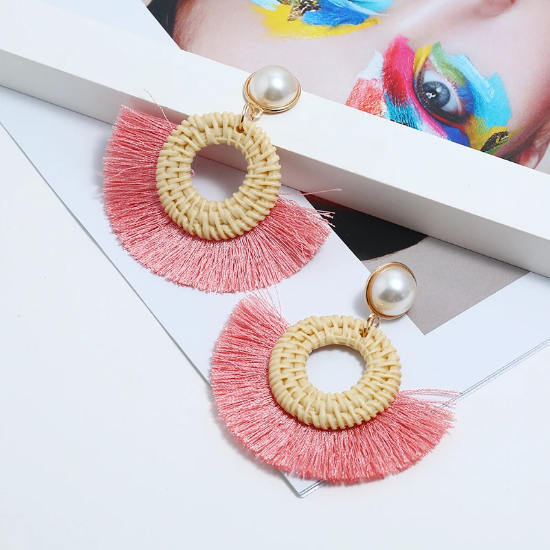 Face-Slim Simulated Pearl Tassel Long Earrings For 2019 Women Hand-Woven Rattan Retro Sector Star Popular Drop Jewelry | Украшения и