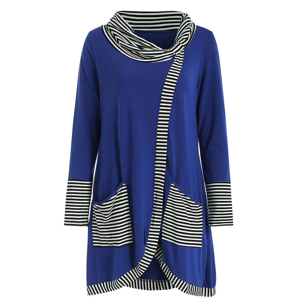 Синий Plus Size Long Sleeve T shirt Women Vintage Patchwork Pockets T-Shirt Top Streetwear Korean Woman Clothes Womens Clothing - Цвет: Синий