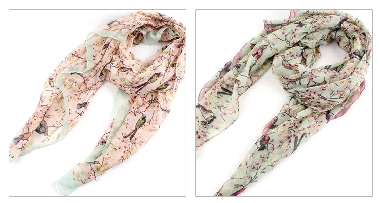 2018 модный цветной шарф с принтом ветки дерева и птиц шаль шарфы из полиэстера для