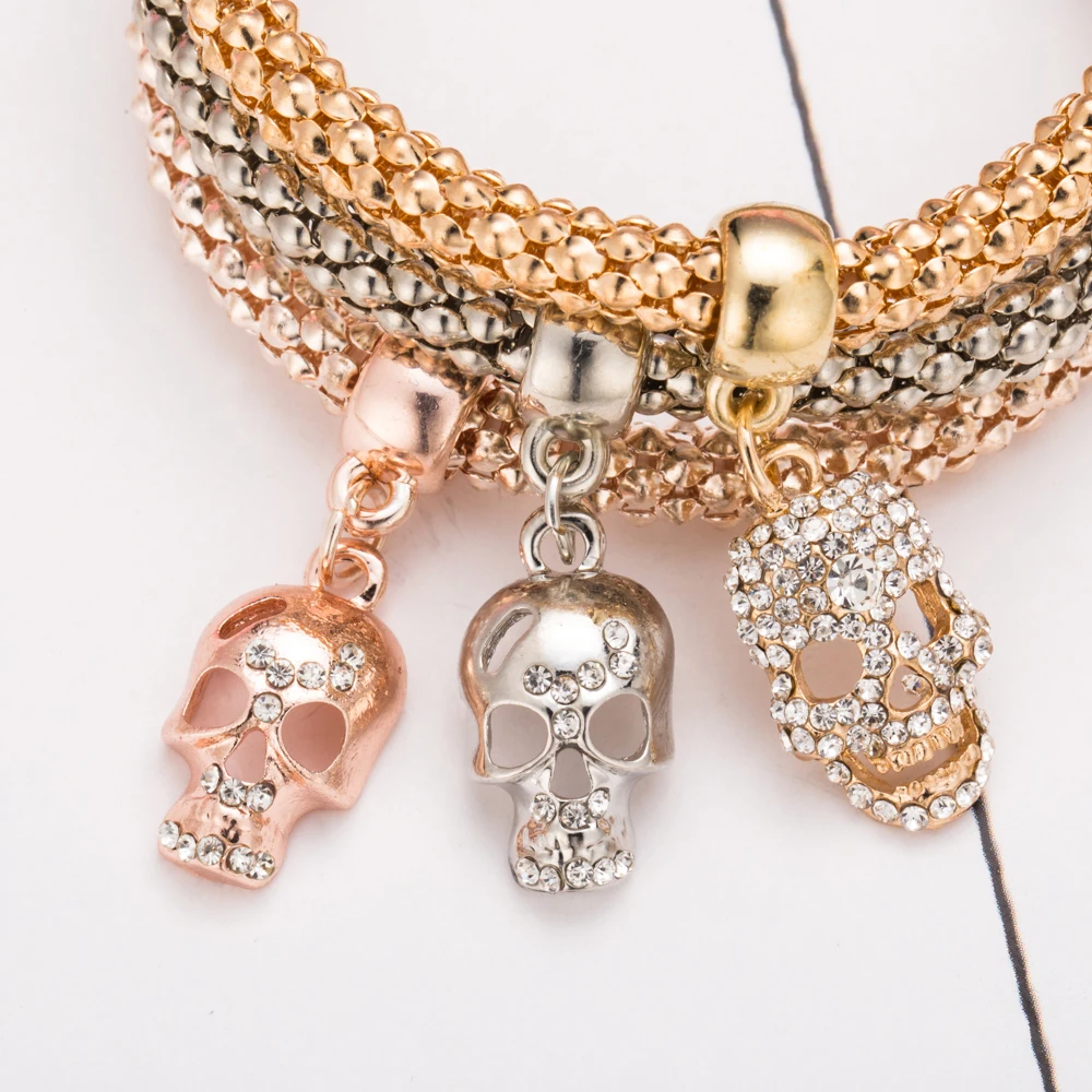 2017 новая мода золотой цвет кристалл Череп браслет и 3 шт./компл. шарм роскошь