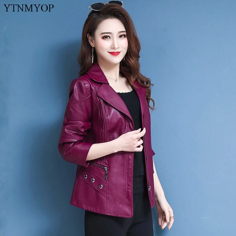 Куртка из кожи YTNMYOP Base Slim Casual Female для женщин больших размеров 5XL с воротником "Turn-down", верх из искусственной замши.