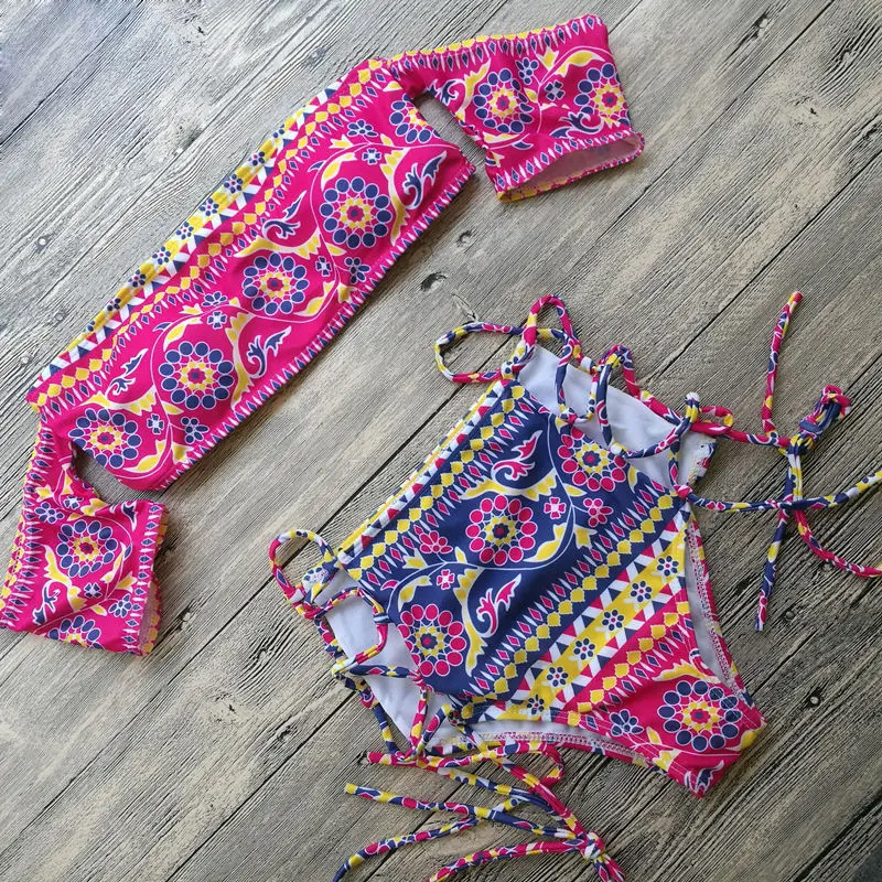 2017 Женский бикини набор винтажная печать бюстгальтер Пуш Ап Треугольник Высокая