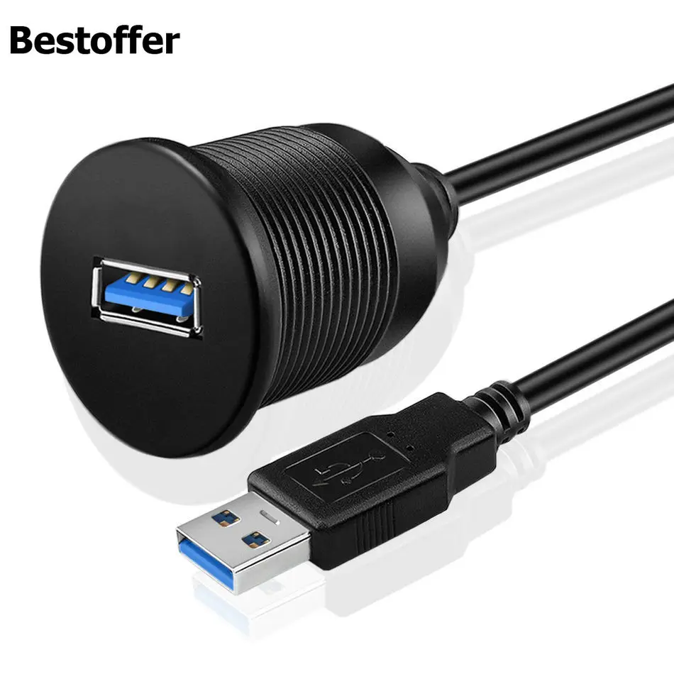 

USB 3.0 Flush Mount Cable - Dashboard Panel Dash Mount 1 Port USB Socket Plug Jack Connector for Car Truck Trailer Boat Moto