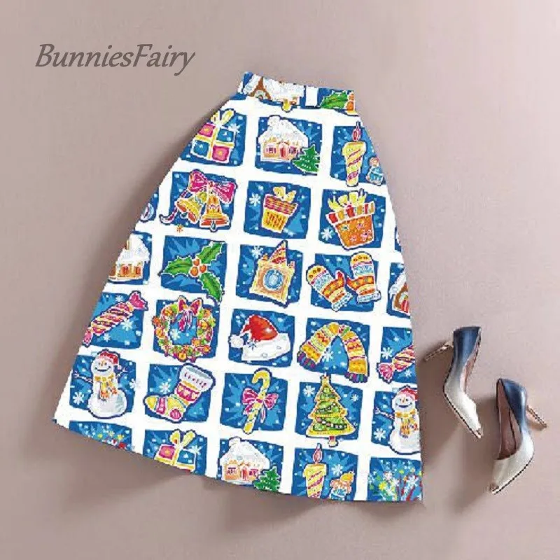 Bunniesfairy футболок с рисунками героев мультфильма Высокая Талия плиссированная юбка миди Рождественский костюм год Праздничная одежда красная юбка с фалдами