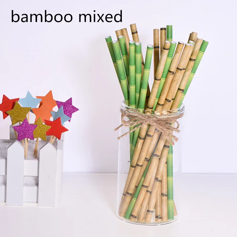 bamboo mixed 25 шт. Топпер для торта Зеленые Бамбуковые бумажные соломинки для детей с днем рождения свадебные декоративные вечерние тропические принадлежности соломинки для питья - Цвет: bamboo mixed