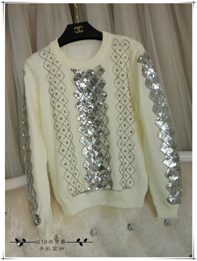 Cakucool Beading Knit Tops Women Long Sleeve O-neck Sequined Sweaters Plaids Embroid Shiny Jumpers Sweater Pullovers Female | Женская