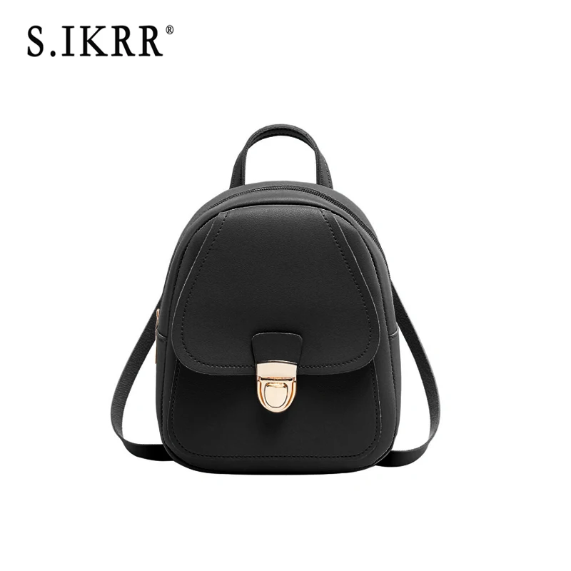 Black S.IKRR Women PU Small Backpack Waterproof New Brand Designer Shoulder Bag Female Daypack Travel bags Solid Mini Casual Bags - Цвет: Black