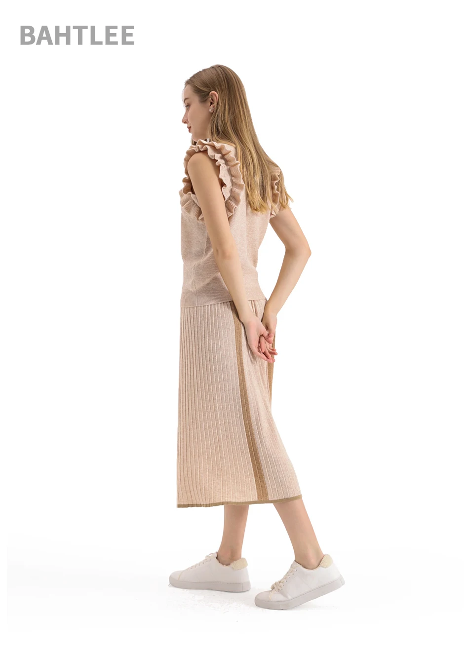 BAHTLEE Summer Frilled Trim knitted Slim Fitted Tee Sleeveless T-shirt Women Elegant Solid O-neck sweater Tshirt ruffles