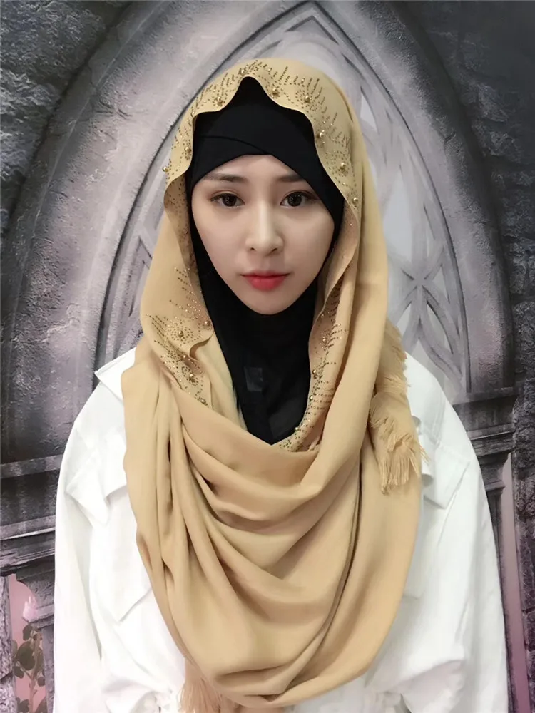 Мусульманские платки Бисероплетение геометрические хиджаб Cutton Muslima Шаль Исламская повязка на голову головные уборы Schaila
