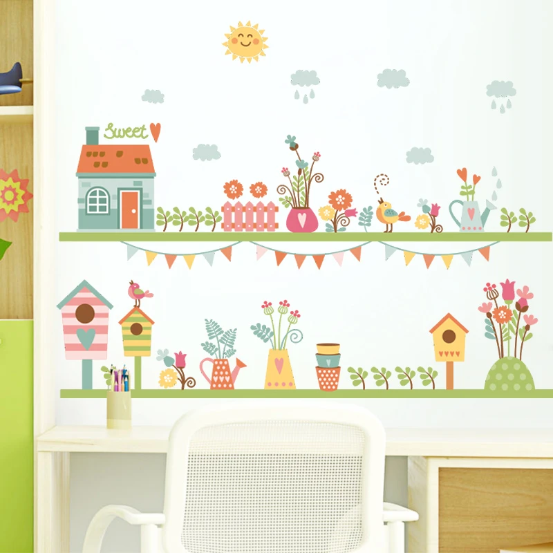 sweet birds house flower fence skirting line flora wall stickers for kids rooms home decor pvc decals wedding mural art | Дом и сад