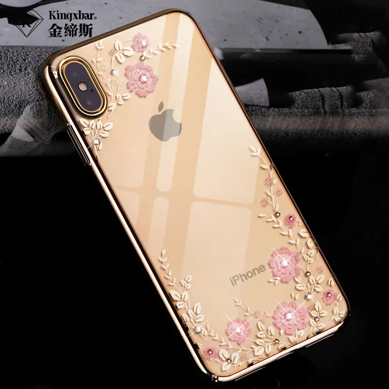 

Luxury Glitter Flower Plated Phone Case Cover For iPhone XS Max Back Hard Bling Crystals Diamond Ultra Thin Kingxbar