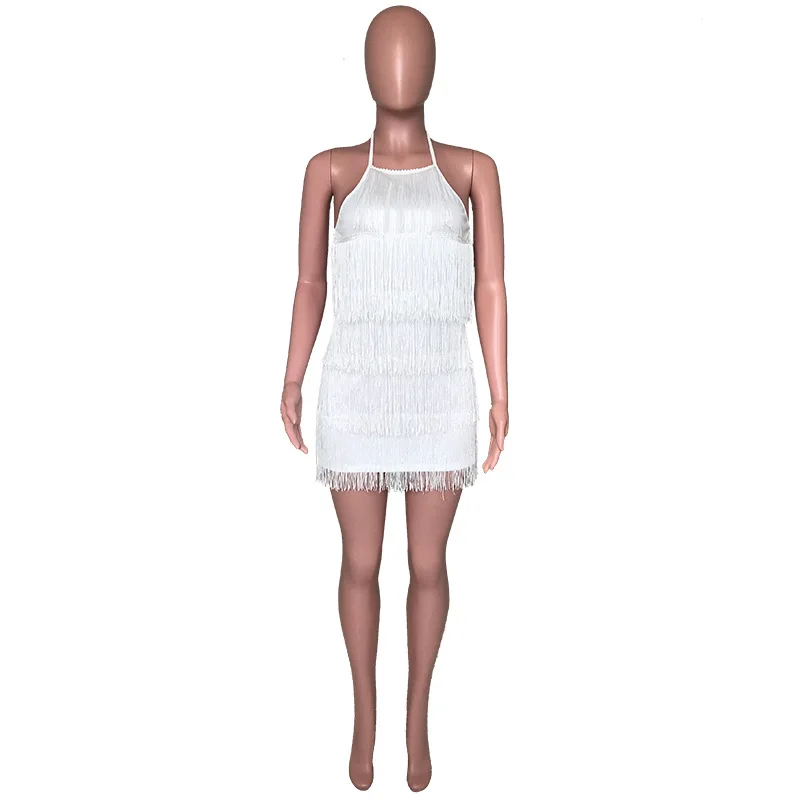 Женское пляжное платье с кисточками и ремешками на шее сексуальное облегающее