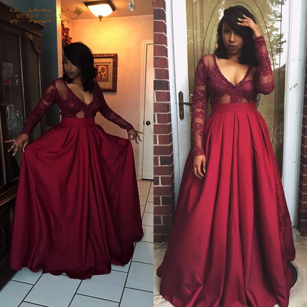 Бургундия Пром Платья 2017 с Длинными Рукавами Элегантный Глубокий V-образным