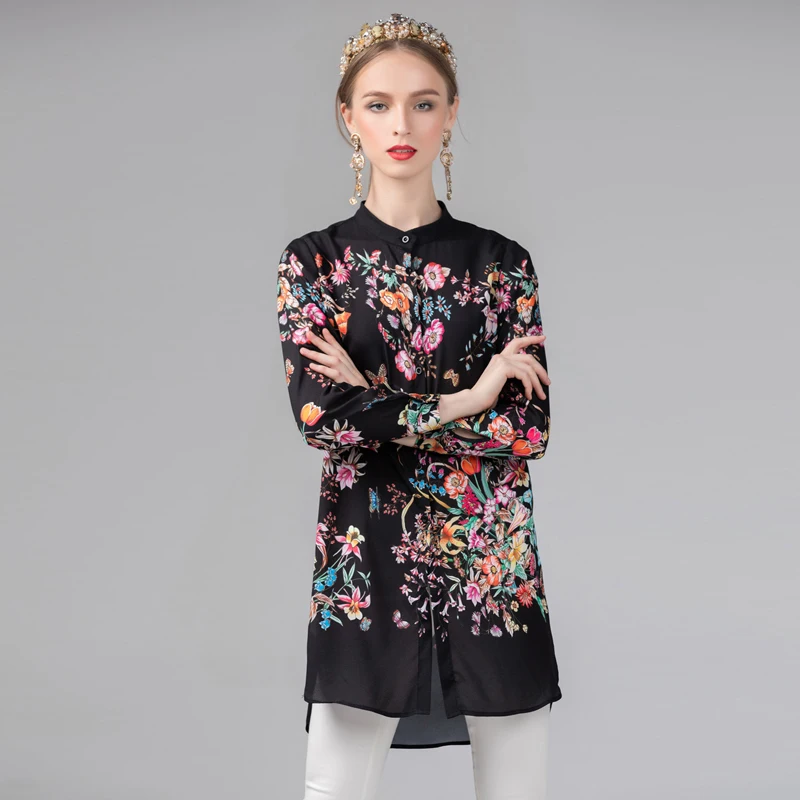 Большие Размеры M XXXL длинные женские рубашки 2019 Весна черный с цветочным принтом