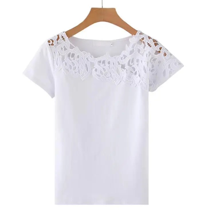 

Fashion Lace Patchwork Sexy Hollow Out T-shirt Women Tops Summer New Brand Short Sleeve O-neck White Ladies Tshirt
