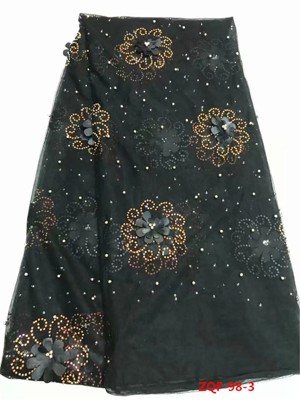 Черный объемный цветок кружевная ткань с бисером и камнями сетки французский