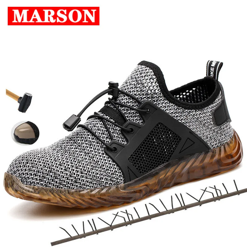 MARSON Men Breathable Mesh Safety Shoes Men's Light Sneaker Indestructible Steel Toe Soft Anti-piercing Work Boots Plus size