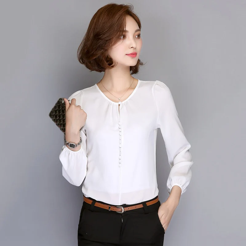 2019 Модные женские осенние шифоновые рубашки с круглым вырезом и длинным рукавом