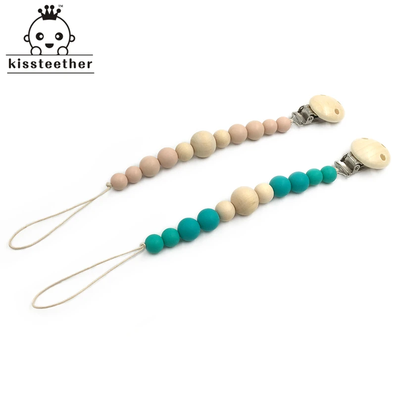 Mordedor de silicona para beb&eacute;, chupete de madera, Clip para chupete para reci&eacute;n nacido, cuentas para masticar, juguete Natural para la dentici&oacute;n del beb&eacute;-0