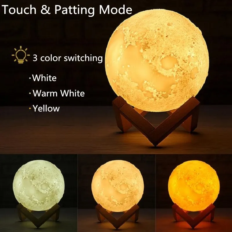 3 Color with Patting Перезаряжаемые светодиодный ночной Светильник Луны лампа 8 см, 10 см, 12 см, 15 см, 18 см в ширину 3D печать Луны светильник декора Спальня домашние рождественские год Праздник светильник - Испускаемый цвет: 3 Color with Patting