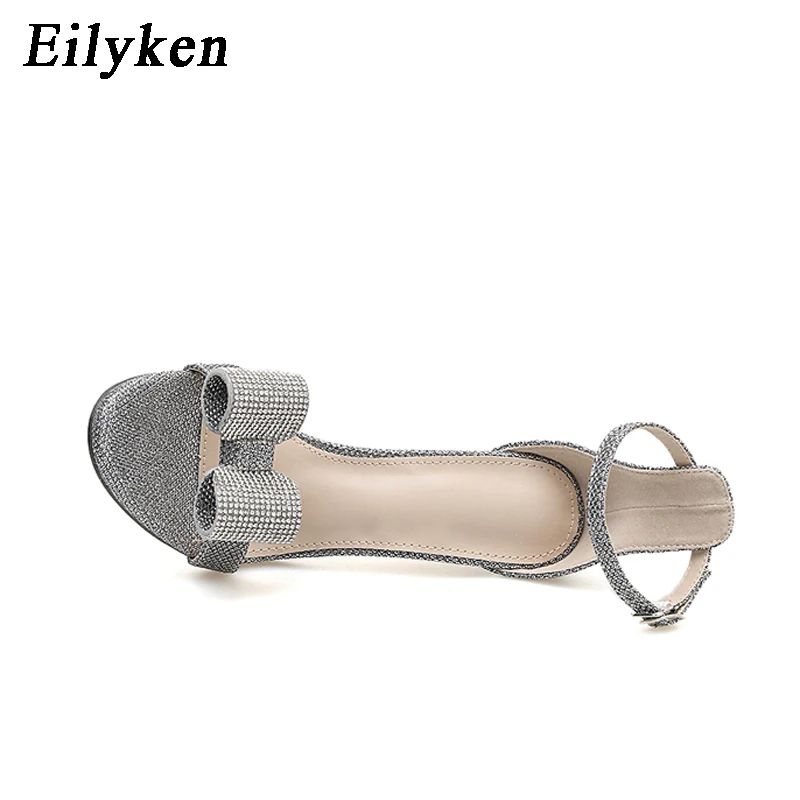 Eilyken/Новинка года; серебристые женские босоножки с ремешком на щиколотке; вечерние босоножки на высоком каблуке 11 см с пряжкой и бантом; Размеры 35-40