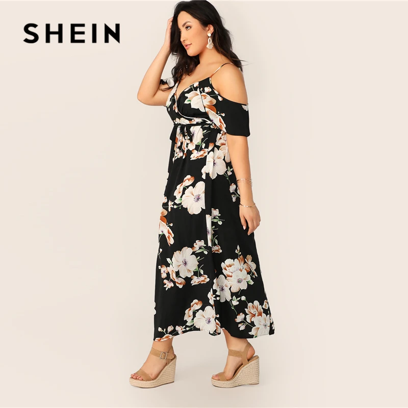 SHEIN, Платье макси с открытыми плечами размера плюс, растительное платье с запахом,, женское летнее платье в стиле бохо, облегающее и расклешенное платье с высокой талией на тонких бретелях