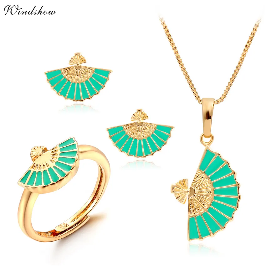 Желтое Золото Цвет Китайский зеленый вентилятор дизайн ожерелье серьги-гвоздики