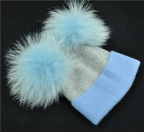 Light grey blue M Новинка, зимняя теплая вязаная шапка для женщин, двойные шапки из натурального меха с помпонами, шапки из натурального меха, шапочки с помпонами, шапки с двумя меховыми помпонами - Цвет: Light grey blue M