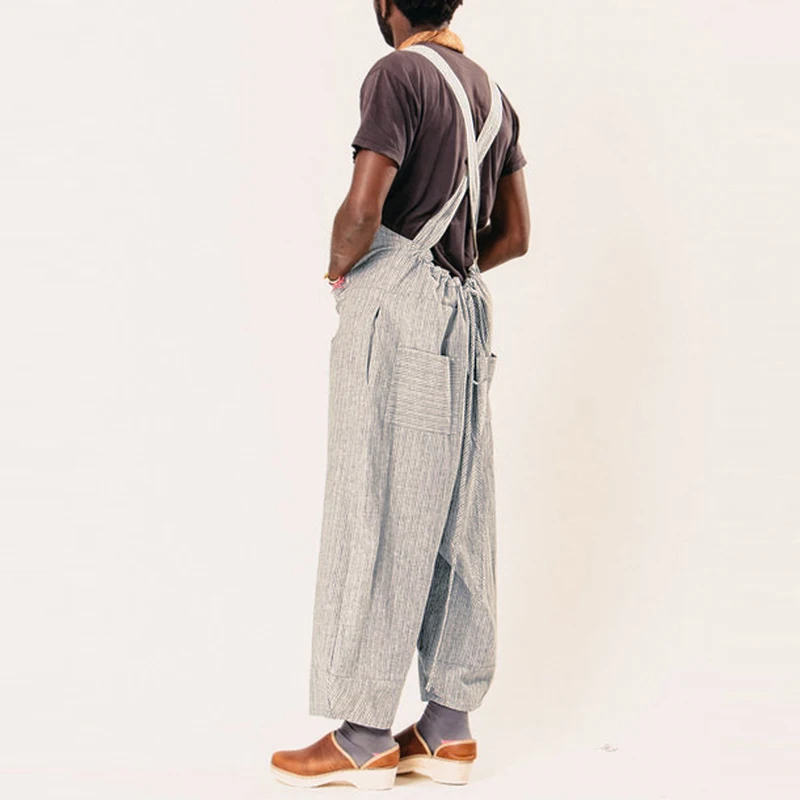 Retro Men Overalls Women Rompers Stripe Wide Leg Pants Dungarees Casual Jumpsuits Long Trouser Hombre Garment Overalls Unisex