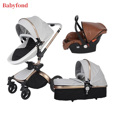 Gray 4 Babyfond 3 в 1 детская коляска из искусственной кожи с двусторонними амортизаторами, детская тележка для автомобиля, тележка в европейском стиле с бесплатным зонтиком в подарок - Цвет: Gray 4