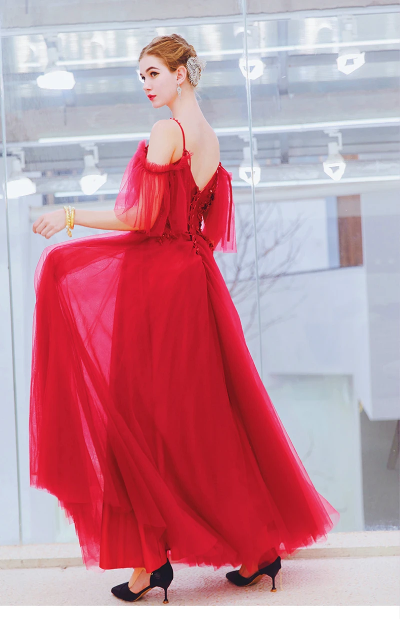 SSYFashion Новое роскошное красное вечернее платье невесты для свадьбы, банкета с кружевной аппликацией длиной до пола, длинное вечернее платье, Robe De Soiree