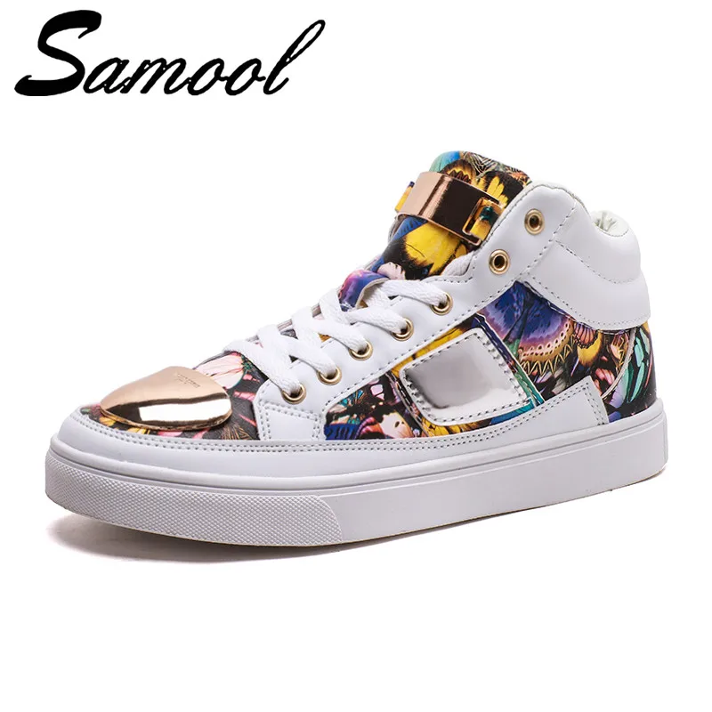 Для мужчин кожа граффити обувь sapatos Мода Высокое Топ дышащие кроссовки со