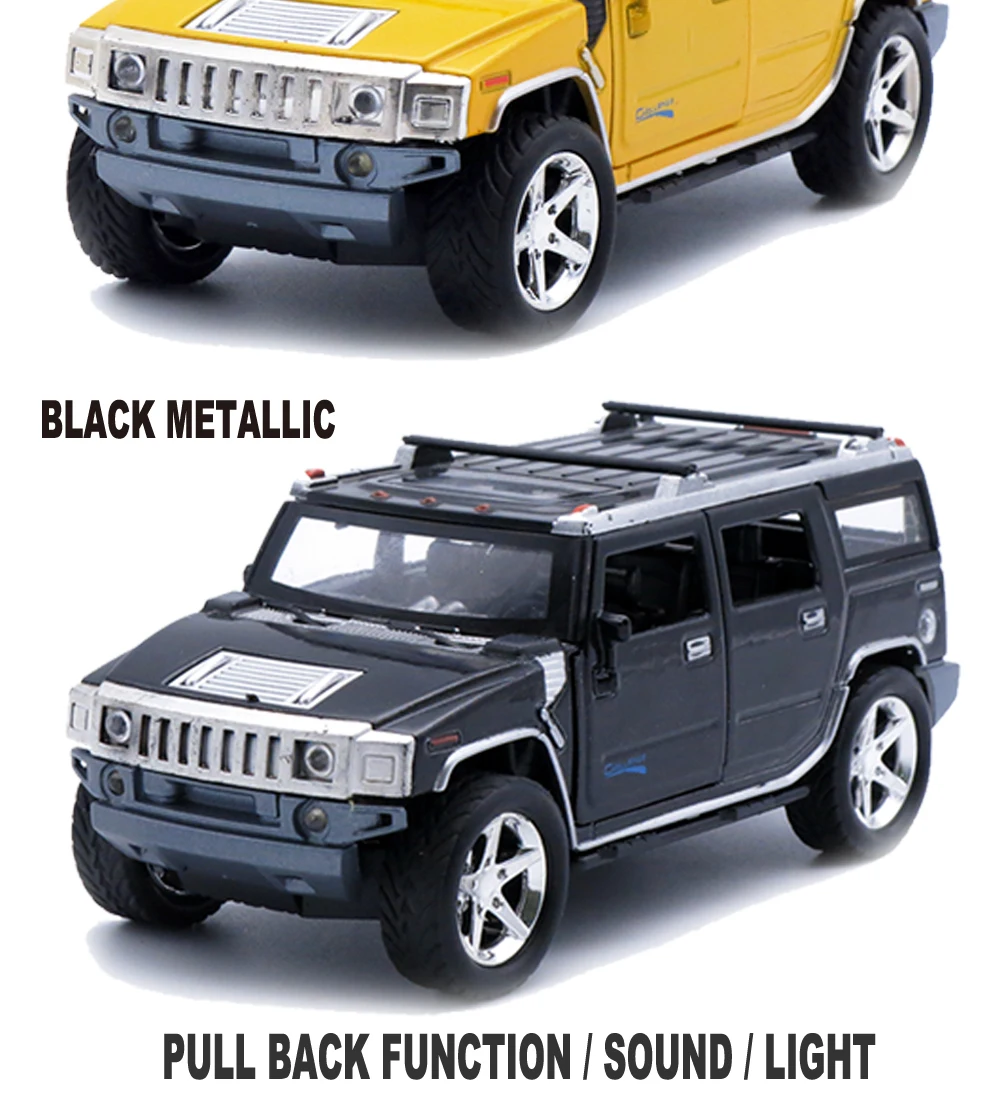 1:24 Humvee литая под давлением Миниатюрная модель Hummer, 18 см в длину машинки, Подарочные игрушки для мальчиков с функцией оттягивания/музыка/светильник/открываемая дверь
