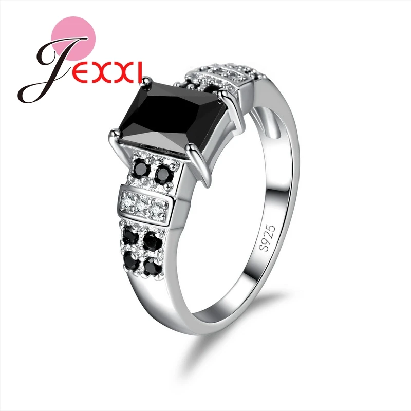 

New 925 Sterling Silver Rings Vintage Statement Men Women Party Finger Rings Hot Sale Black CZ Crystal Princess