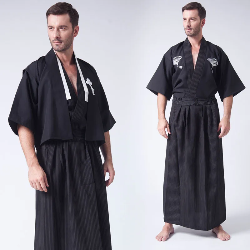 

Black Classic Japanese Samurai Clothing Men's Warrior Kimono With Obi Traditional Yukata Haori Halloween Costume One Size