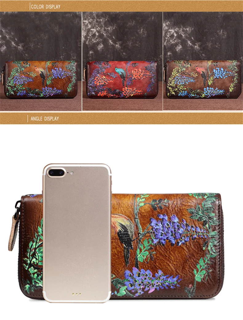 SOUTH GOOSE Genuine Leather Women Wallet Luxury Long Purse Birds Embossing Clutch Bag High Quality Female Card Holder Phone Bag