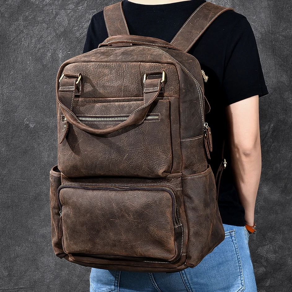 Высококачественный мужской рюкзак из натуральной кожи винтажный воловьей для