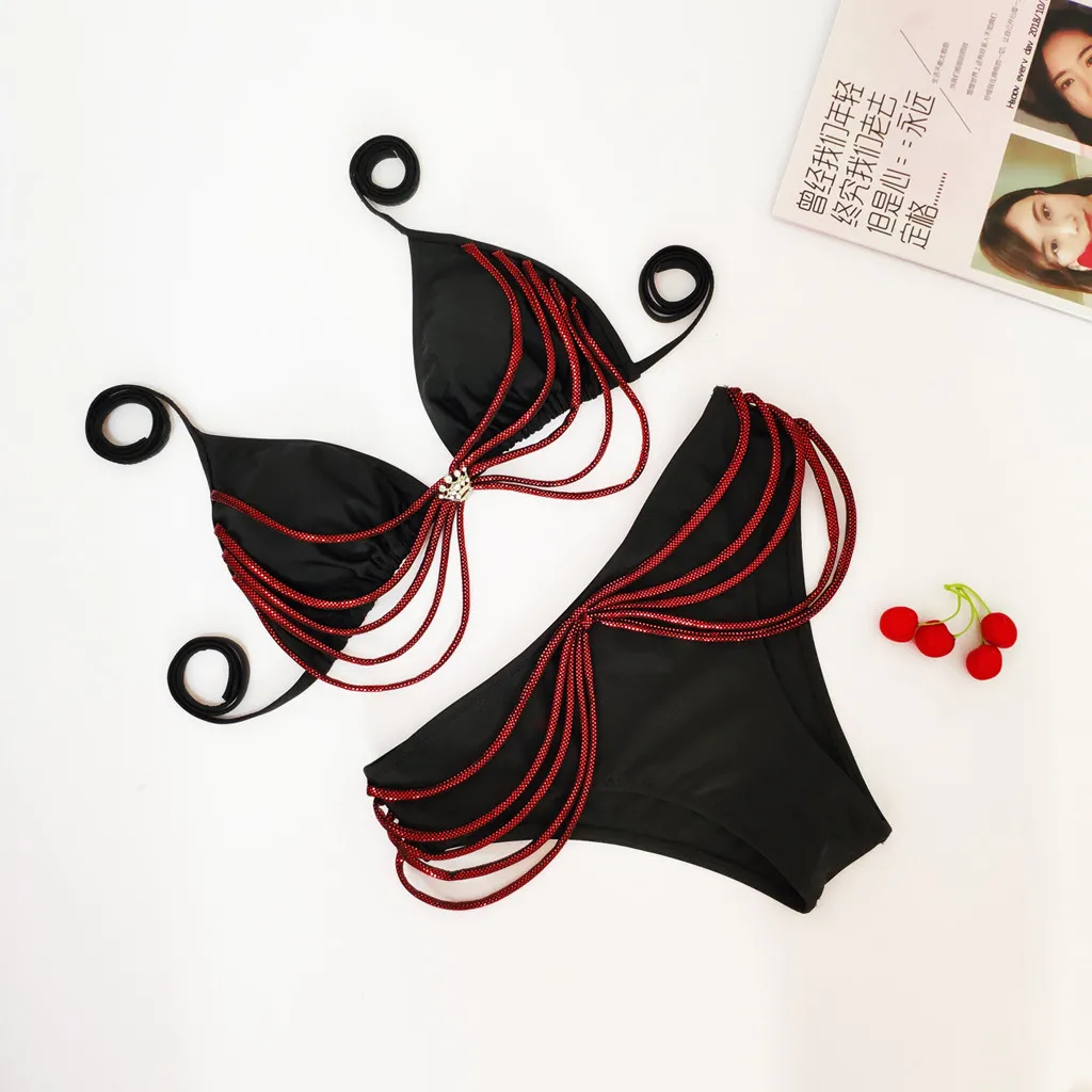 Бикини женский сверкающий купальник крест-накрест корсет с оборками купальники
