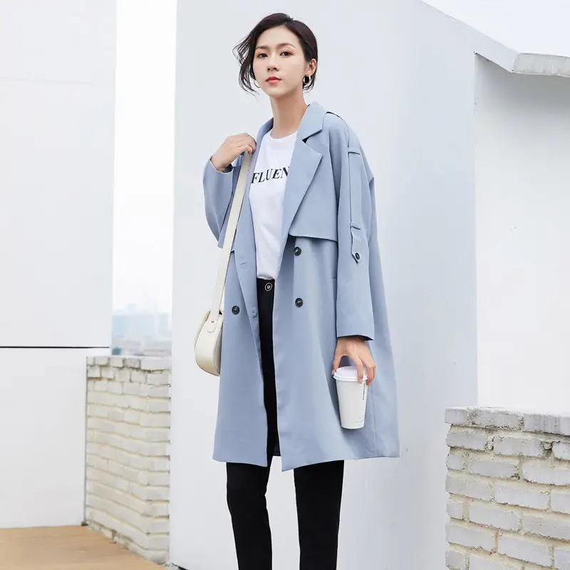 2020 Autumn New Loose Suit Windbreaker Fashion Double-breasted Simple Solid Spring Long Long-sleeved Jacket Plus Size Coat f873 | Женская