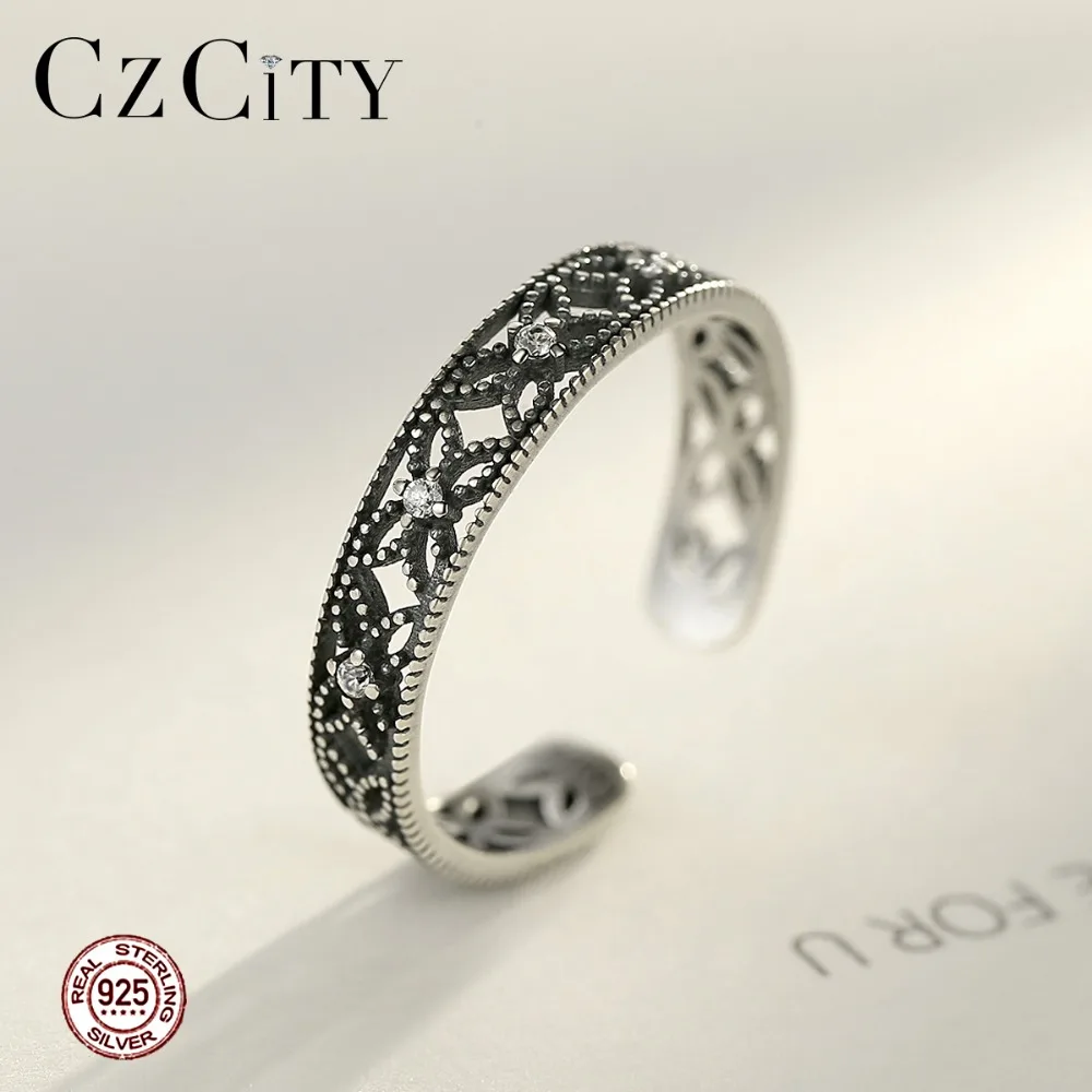 CZCITY 100% стерлингового серебра 925 Открытые Кольца для женщин полые Цветочный