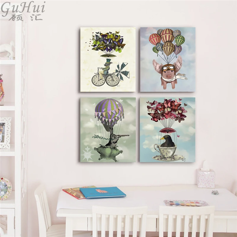 Wonderland Pilot Pig American Retro Canvas Painting Home Decor Raven Air Balloon Rabbit Art Poster Butterfly Wall Pictures | Дом и сад