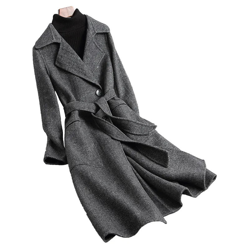 Женское шерстяное пальто AYUNSUE длинное двухстороннее с поясом 38080 Осень зима 2020