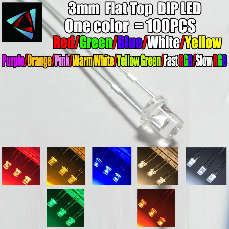 

100pcs 3mm LED Flat Top Light Emitting Diode White Green Red Blue Yellow Orange Purple UV Pink RGB infrared emitter IR receiver