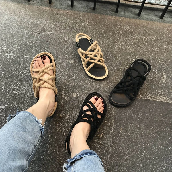 HTUUA/сандалии на плоской подошве с перекрестной шнуровкой и пеньковой веревкой