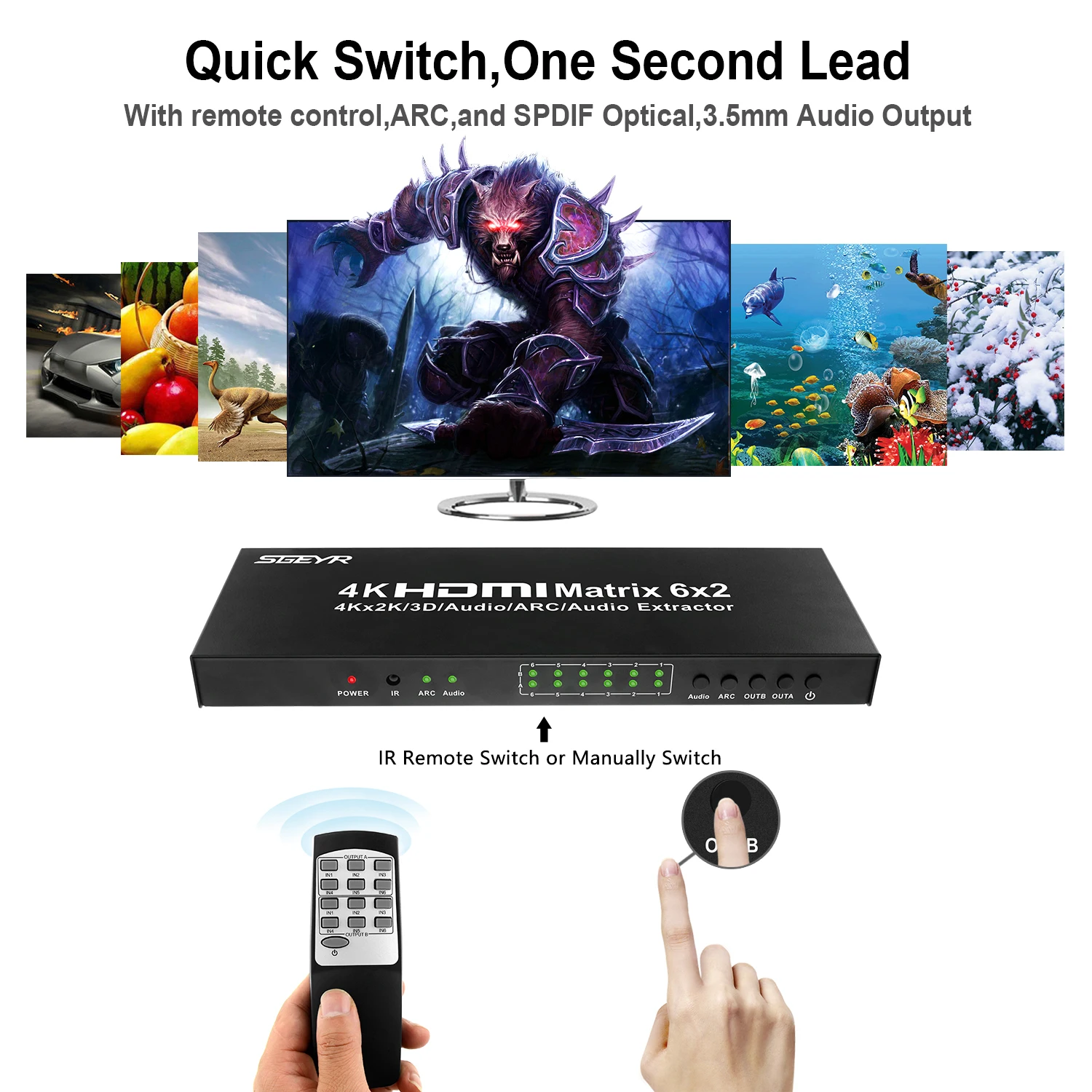 6x2 HDMI матричный коммутатор 4K x 2K 6 in 2 out HDMI Матричные мониторы сплиттер коммутатор с пультом дистанционного управления SPDIF+ 3,5 мм аудио экстрактор
