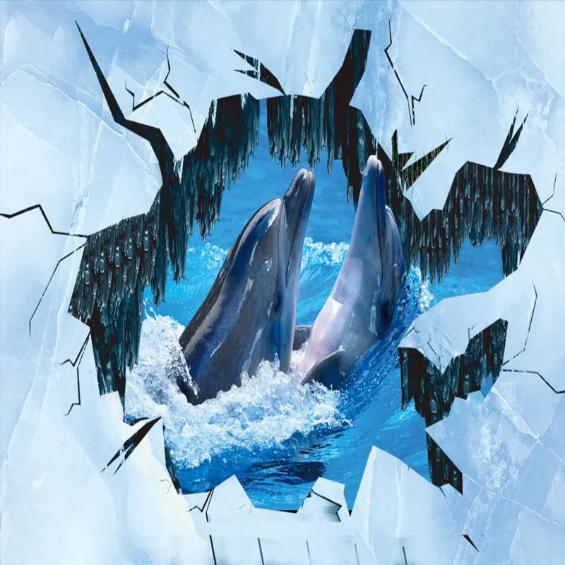 

Free Shipping 3D Stereo Dolphin Love Glacier Rift floor past wallpaper kitchen home hotel floor mural