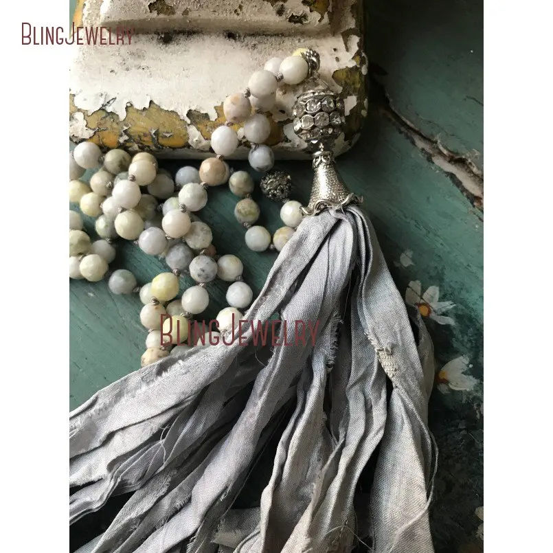 Grey Sari Silk Tassel Necklace Shabby Boho Knot Stone Beads Necklace  NM15540