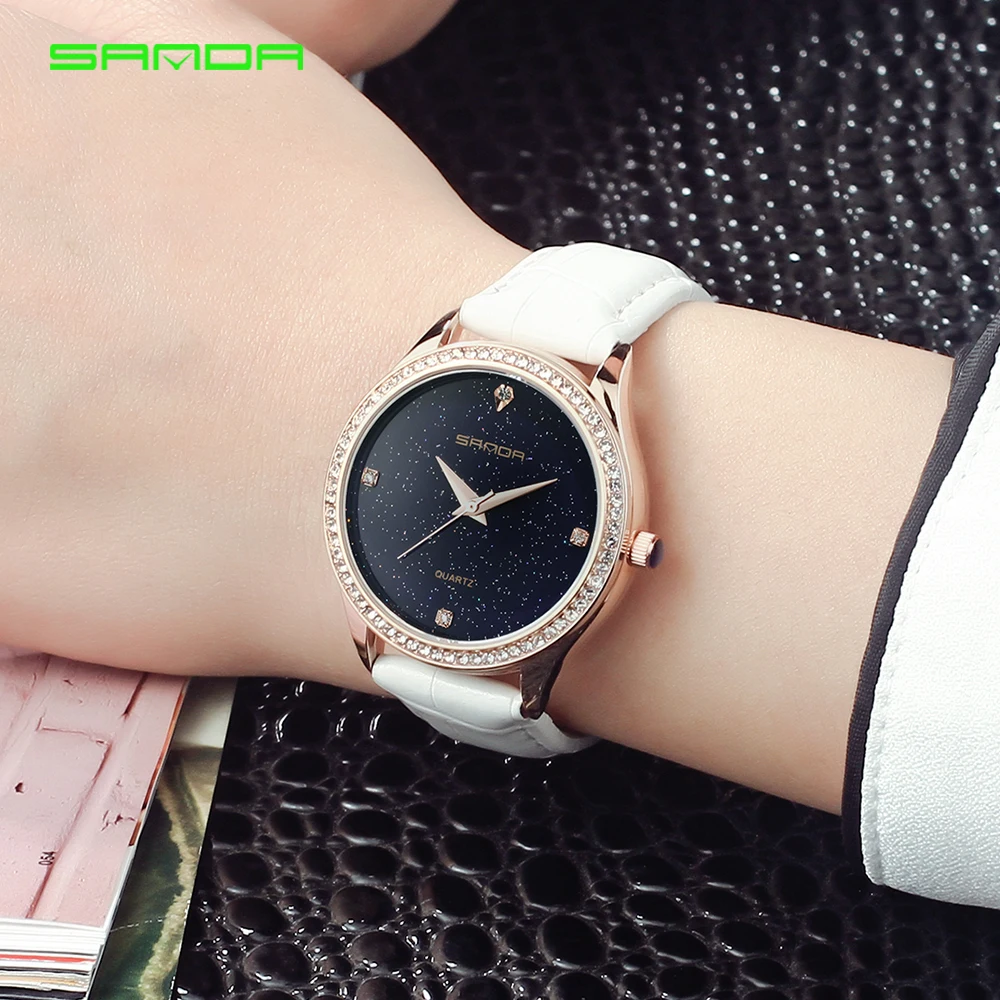 

SANDA Diamond Fashion Rhinestone Watch Leather Casual Dress Women's Quartz-watch Crystal Wristwatch montre femme reloj mujer