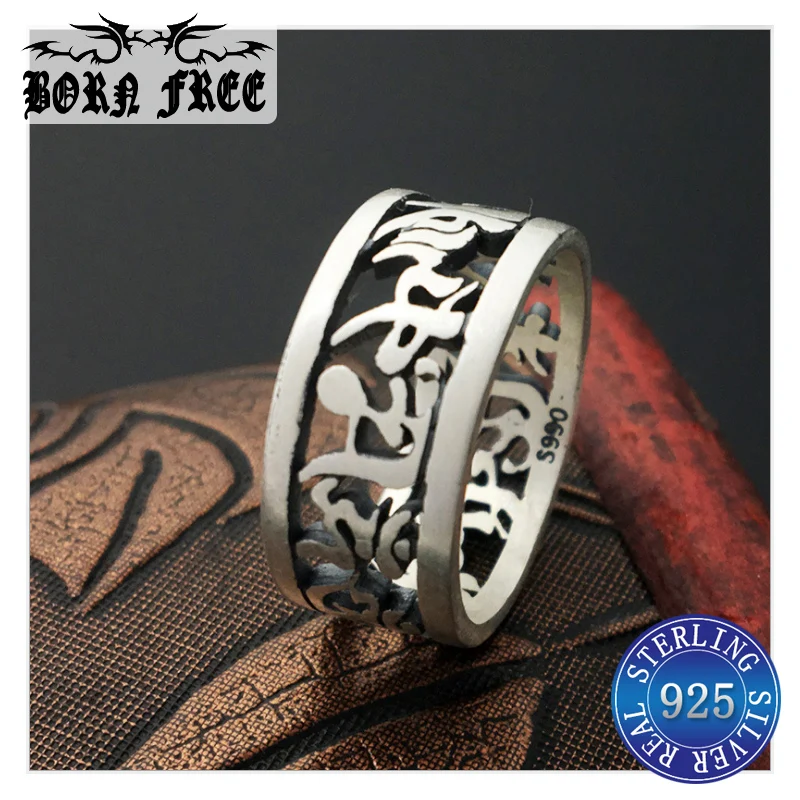 990 стерлингового серебра полые буддийские санскрит шесть слов кольцо с мантрой