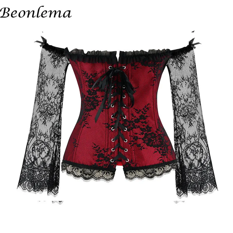 Женский кружевной корсет с открытыми плечами красный и черный в готическом